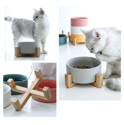 Ceramic Bowl with Bamboo Stand For Dogs & Cats - 5 Colours A 3